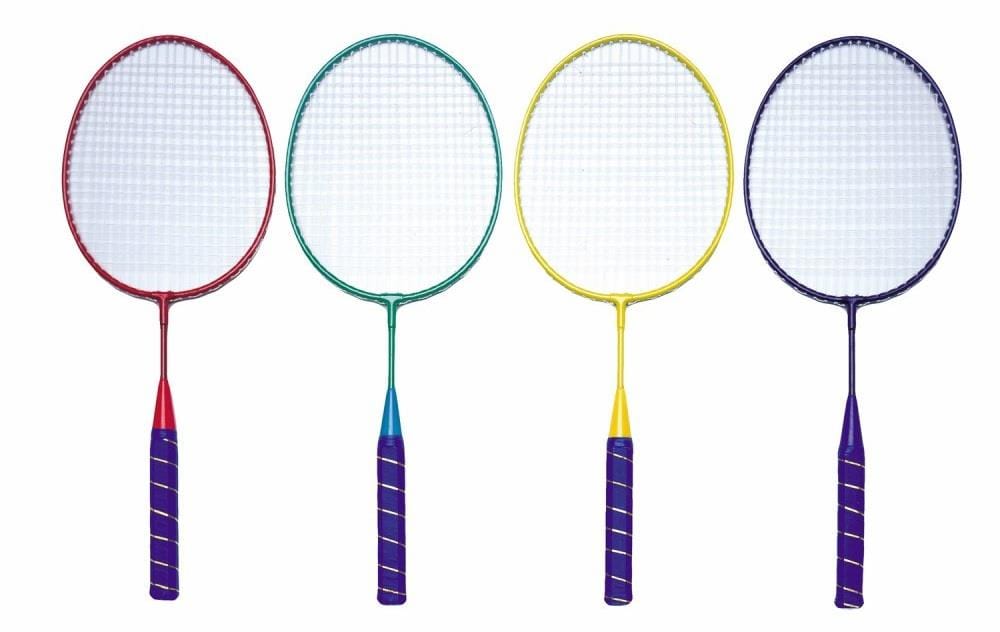 Four Sure Shot Sportline Mini Badminton Rackets stand upright in a row, each featuring white strings and vibrant grips—red, green, yellow, and blue—that match their frames. Designed for durability, this Sure Shot set is perfect for young athletes eager to play.