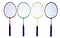 Four Sure Shot Sportline Mini Badminton Rackets stand upright in a row, each featuring white strings and vibrant grips—red, green, yellow, and blue—that match their frames. Designed for durability, this Sure Shot set is perfect for young athletes eager to play.