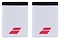 A pair of white wristbands with black tops, emblazoned with a red geometric logo. These Babolat Jumbo Logo Wristbands in White/Strike Red are designed to be soft and absorbent, offering the ideal comfortable sports accessory for fitness enthusiasts.
