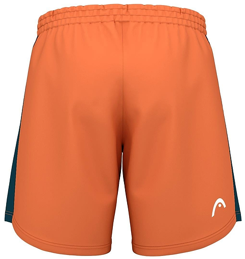 The HEAD Power Men's Badminton Shorts - CN are orange with a small white logo on the bottom right. They have an elastic waistband, offer super-stretchy comfort, and feature moisture transfer technology for top performance. The plain white background highlights their simple and functional design.