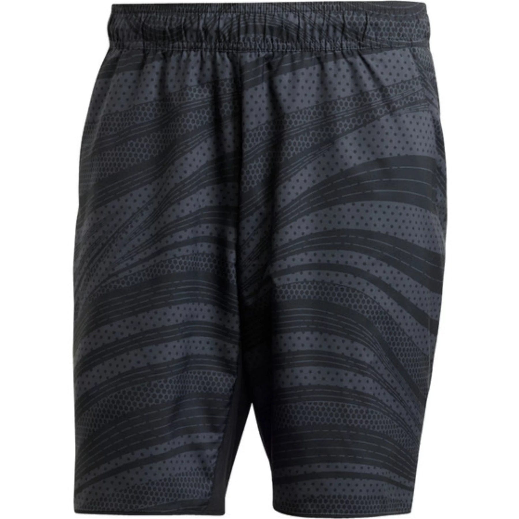 The ADIDAS Club Graphic Men's Badminton Shorts in black, featuring an abstract pattern and crafted from recycled materials, combine comfort and sustainability with an elastic waistband and AEROREADY technology for any activity.