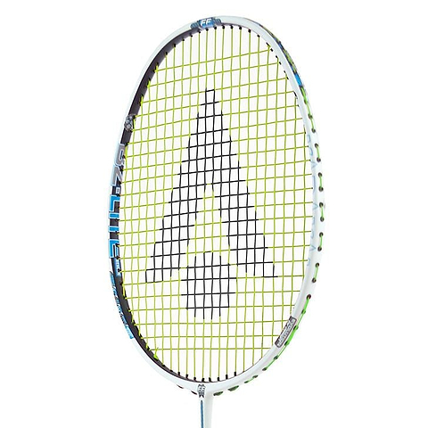 The Karakal Black Zone BZ Lite Badminton Racket displays its white frame and green strings. A bold black "A" on the strings complements the "Razor" and "Code" branding on the side, incorporating Muscle Tec technology for enhanced performance.
