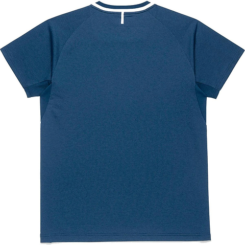 The Yonex 10712YX Crew Neck Men's Badminton T-Shirt in Indigo Blue is laid flat with the back up, featuring a small white vertical stripe by the collar—ideal for on-court comfort from Yonex.