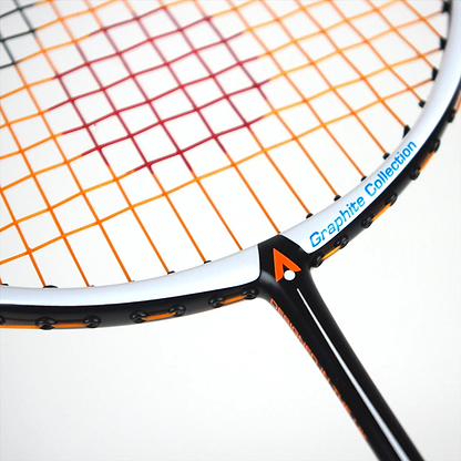 Close-up of a Karakal Black Zone BZ 30 2.1 badminton racket head with an isometric design and colorful strings in red, yellow, orange, and black. The sleek frame is in white and black with "Graphite Collection" text on a plain white background.
