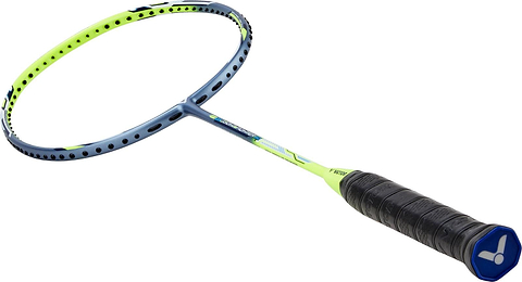 A badminton racket with an aerodynamic frame in green, featuring black stringing and a black grip handle. The Victor DriveX Light Fighter 60 E model includes branding details on the frame and handle. It rests diagonally against a white background, showcasing its sleek design.
