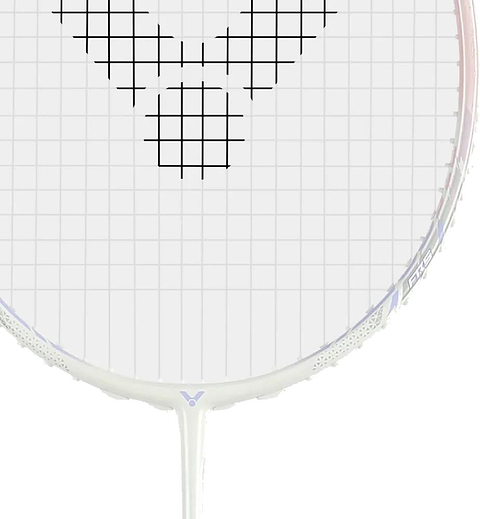Close-up of the Victor Thruster K 66 AJ 7U Badminton Racket in white and purple by Victor, featuring black strings forming a stylized "V" and a central square, shown against a white background.