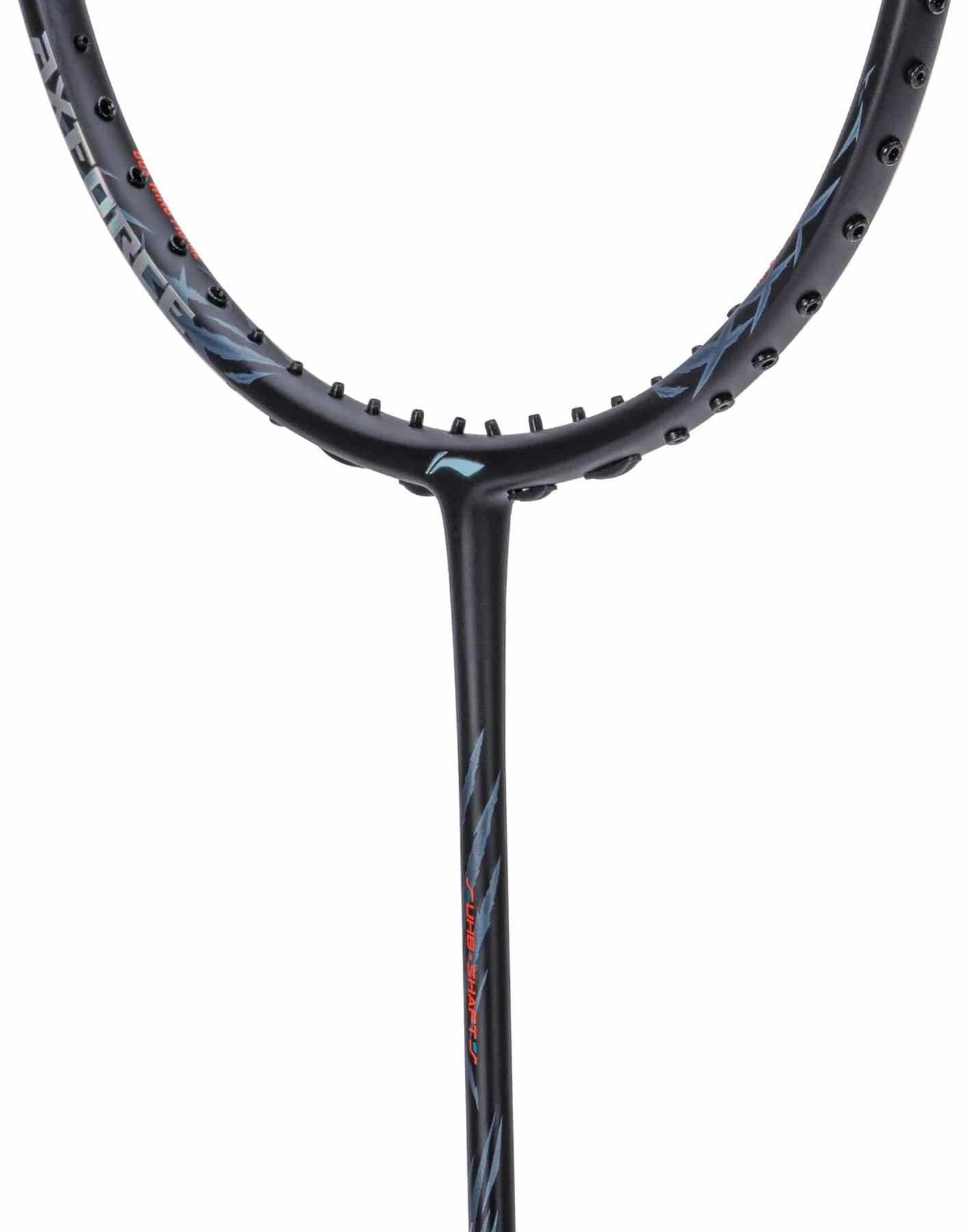 Close-up of the Li-Ning Axforce 70 5U Badminton Racket in Black/Silver, showing the top half with blue and gray accents and Wing Stabiliser technology on the head and shaft, set against a white background. Strings are not visible.