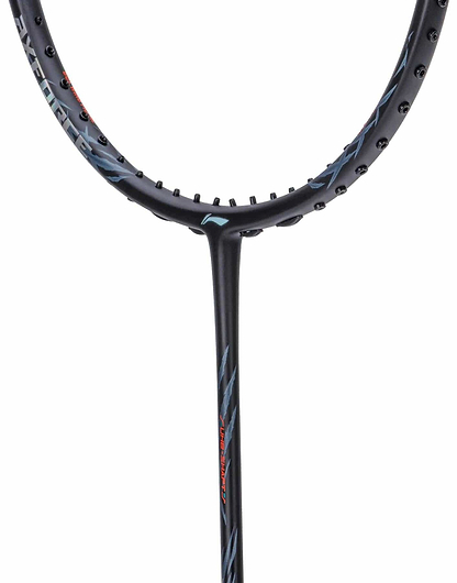 Close-up of the Li-Ning Axforce 70 5U Badminton Racket in Black/Silver, showing the top half with blue and gray accents and Wing Stabiliser technology on the head and shaft, set against a white background. Strings are not visible.