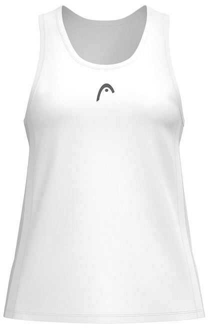 Introducing the HEAD Club 25 Tech Women's Badminton Tank Top in white, featuring a small chest logo and advanced Moisture Transfer Microfiber for superior wicking. Ideal for staying cool and dry during intense matches.
