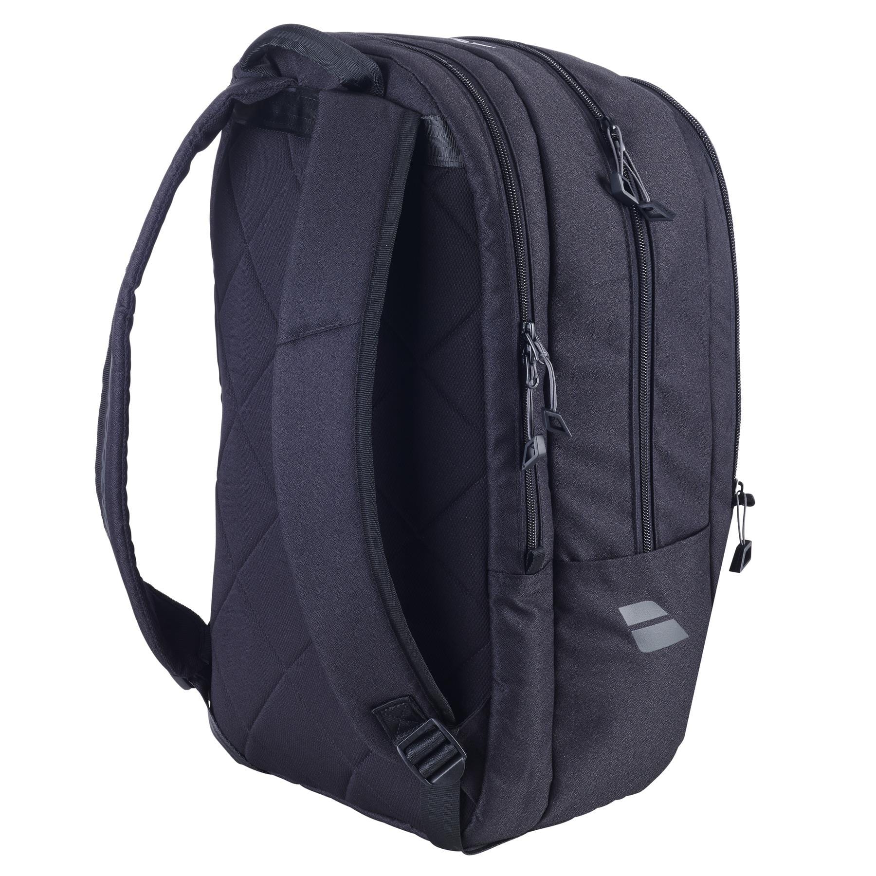 The Babolat Court Hero Badminton Backpack in black stands upright with a sleek quilted design made from recycled PET. It has two zippered compartments, adjustable padded shoulder straps, and a reflective logo for a modern look.