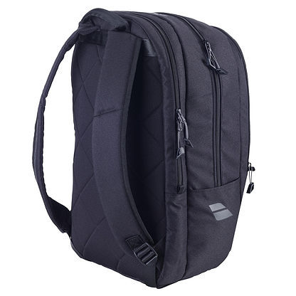 The Babolat Court Hero Badminton Backpack in black stands upright with a sleek quilted design made from recycled PET. It has two zippered compartments, adjustable padded shoulder straps, and a reflective logo for a modern look.