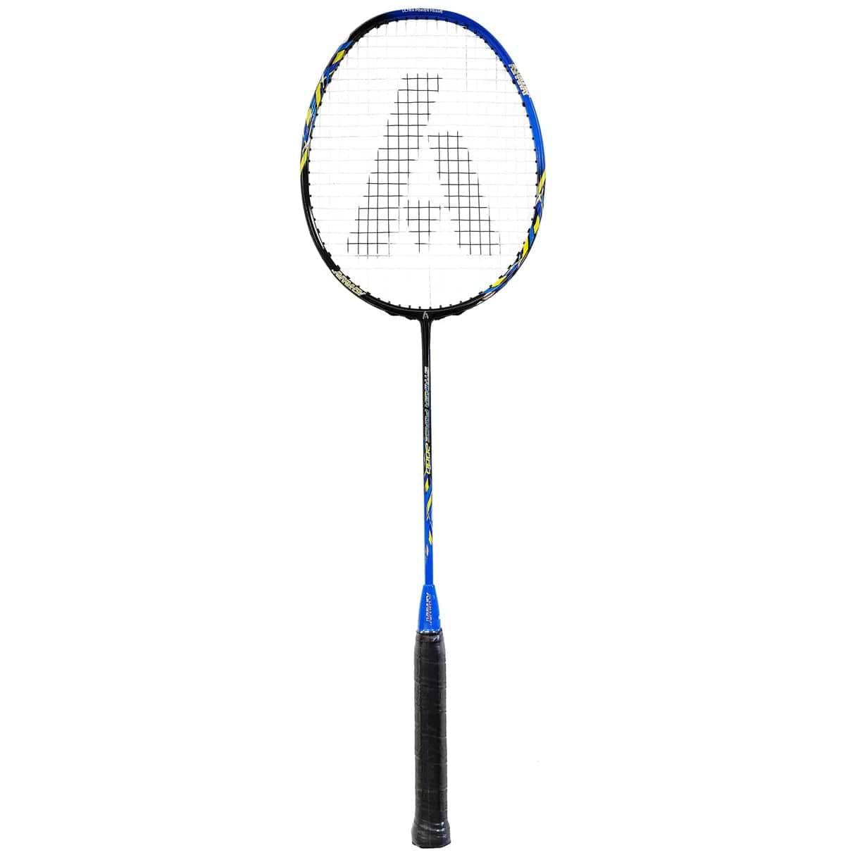 The Ashaway Striker Force 2000 4U Badminton Racket in black and blue features a black grip, vertical orientation, and an oval head with a crisscross string pattern—ideal for intermediate players.