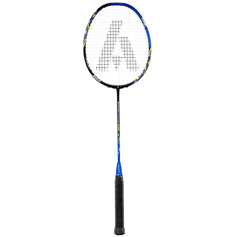 The Ashaway Striker Force 2000 4U Badminton Racket in black and blue features a black grip, vertical orientation, and an oval head with a crisscross string pattern—ideal for intermediate players.