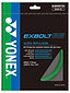 The Yonex Exbolt 65 Badminton String Green 0.65mm 10m pack features the Yonex logo left, product details center, and a green string image right. It highlights quick repulsion with FORGED FIBER tech and key specs.