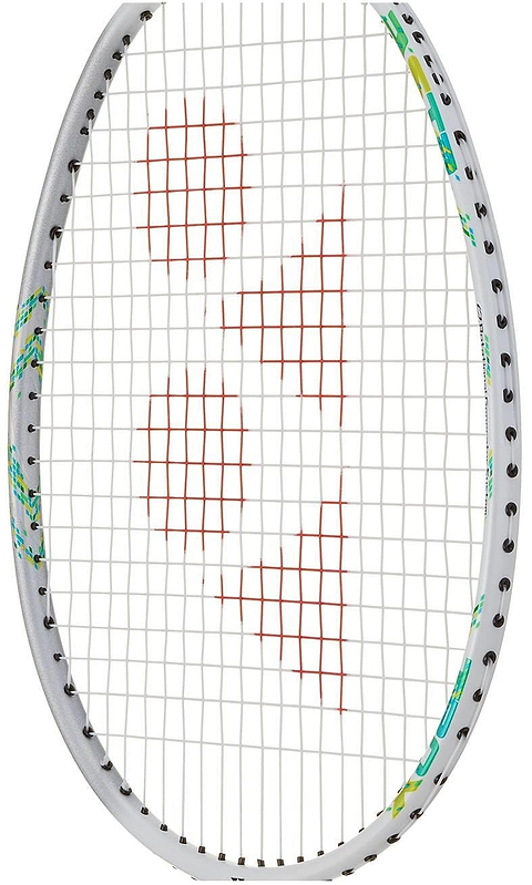 A close-up of the Yonex Astrox 02 Feel 4U Badminton Racket by Yonex, featuring a white frame with green accents, red geometric string patterns, and black grommets.