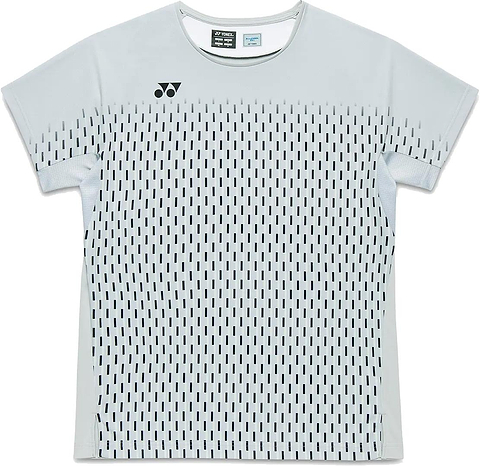 The Yonex 10713EX Crew Neck Men's Badminton T-Shirt in Silver Grey features a pattern of small vertical black lines, a black logo on the upper left chest, and moisture-wicking fabric to keep you cool and dry.
