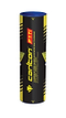 The "Carlton F1 Ti Yellow Fast" cylindrical tube is crafted for storing badminton shuttlecocks and features a black design with yellow accents, along with text concerning synthetic shuttlecocks enhanced by oxygenated titanium. This container also emphasizes a natural cork base and displays the instruction to "pull out.