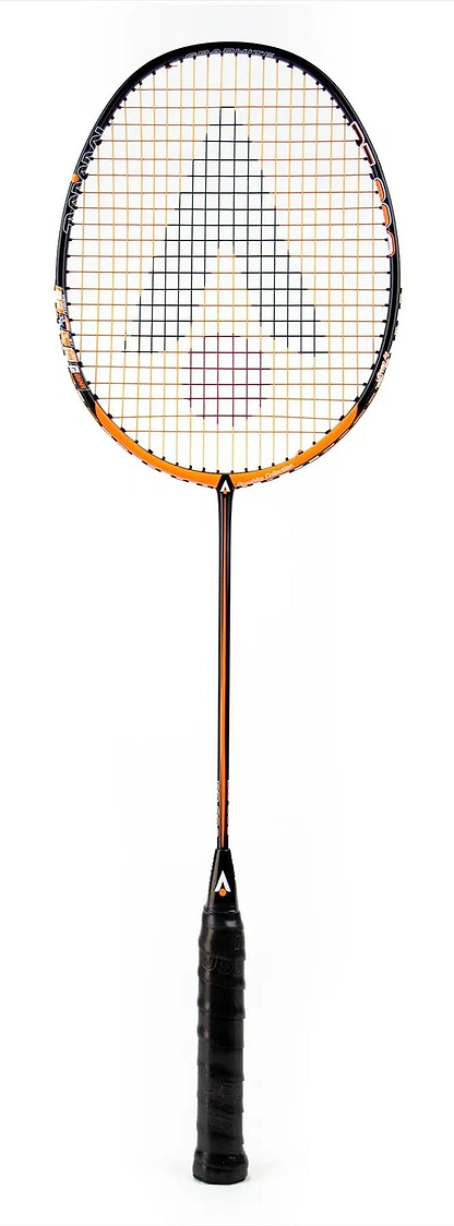 The Karakal Black Zone BZ 30 2.1 Badminton Racket features a dynamic black and orange frame with an isometric head, improving play. Its patterned strings and dark grip handle ensure a sleek, sophisticated look suitable for any match.