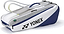 The Yonex BA52526EX Club 6 Racket Badminton Bag in white and blue features zippered compartments and gray straps—ideal for stylishly carrying your gear, with the Yonex logo displayed on the side.