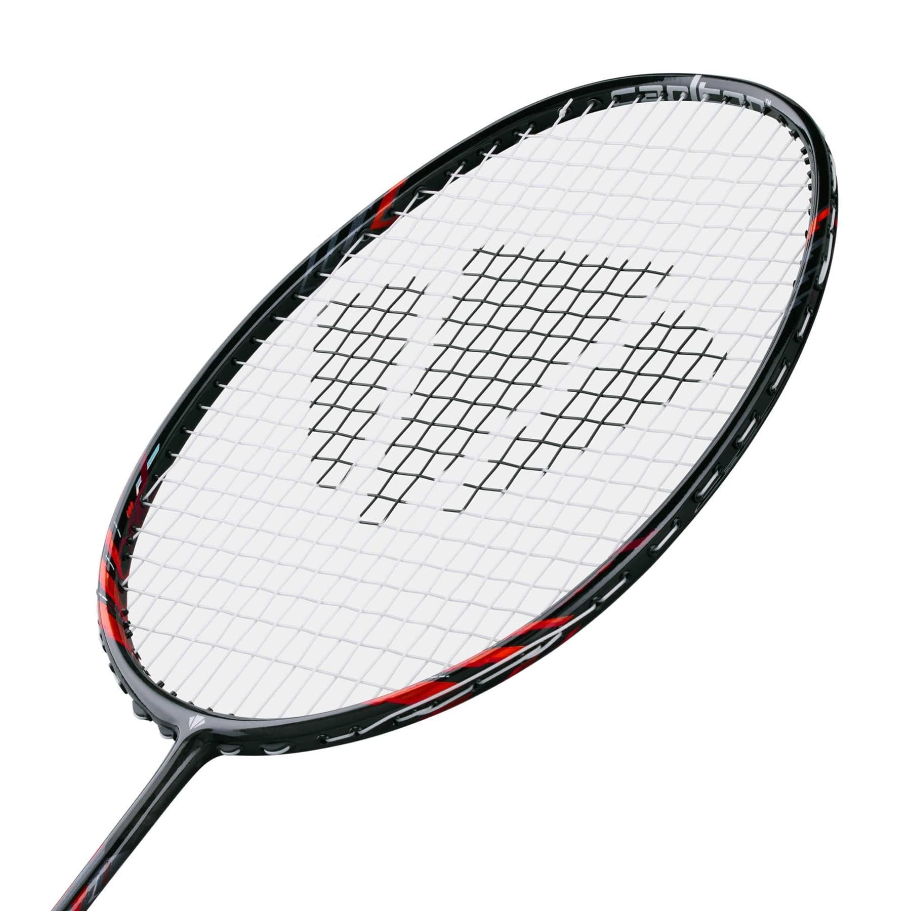 The Carlton GP-X 85 3U Badminton Racket by Carlton features a black and red design with white strings, an oval-shaped head, and a Japanese High Modulus Graphite frame, shown here against a plain white background.