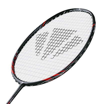 The Carlton GP-X 85 3U Badminton Racket by Carlton features a black and red design with white strings, an oval-shaped head, and a Japanese High Modulus Graphite frame, shown here against a plain white background.