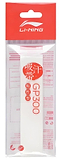 The Li-Ning GP300 Badminton Overgrip - White is packaged in a transparent pouch displaying the white grip. The Li-Ning brand and product details are printed in red on a white insert, emphasizing comfort and sweat absorption, with additional instructions in the background.