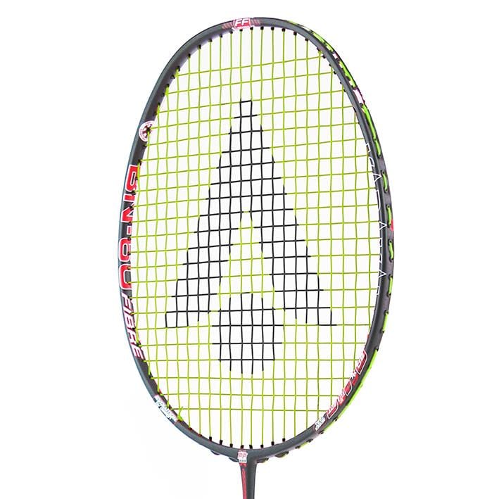 The Karakal BN-60 Fast Fibre Badminton Racket boasts a sleek black frame paired with bold red details. Made with Fast Fibre Carbon Gel, this lightweight racket features strings arranged in an arrowhead or triangle pattern.
