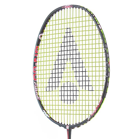 The Karakal BN-60 Fast Fibre Badminton Racket boasts a sleek black frame paired with bold red details. Made with Fast Fibre Carbon Gel, this lightweight racket features strings arranged in an arrowhead or triangle pattern.