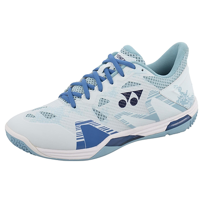The Yonex Power Cushion Eclipsion Z3 Wide Men's Badminton Shoes in light blue boast darker blue accents, a textured pattern with a side logo, and feature non-slip soles for top performance. Lightweight and durable, these stability shoes incorporate Yonex Power Cushion technology.