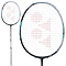 The Yonex Astrox 88D Pro 3U Gen 3 2024 Badminton Racket in Black and Silver features a white grip and a black frame, with red string patterns that create a logo on the netting. Optimized for delivering powerful smashes, it showcases the full view of the racket's design.