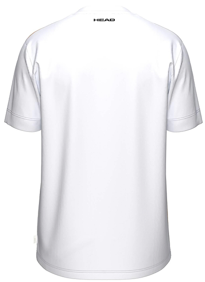 A plain white HEAD Blur Mens Badminton T-Shirt - PUXU seen from the back, featuring "HEAD" in black near the collar. This HEAD t-shirt delivers a sleek style ideal for athletes and fans.