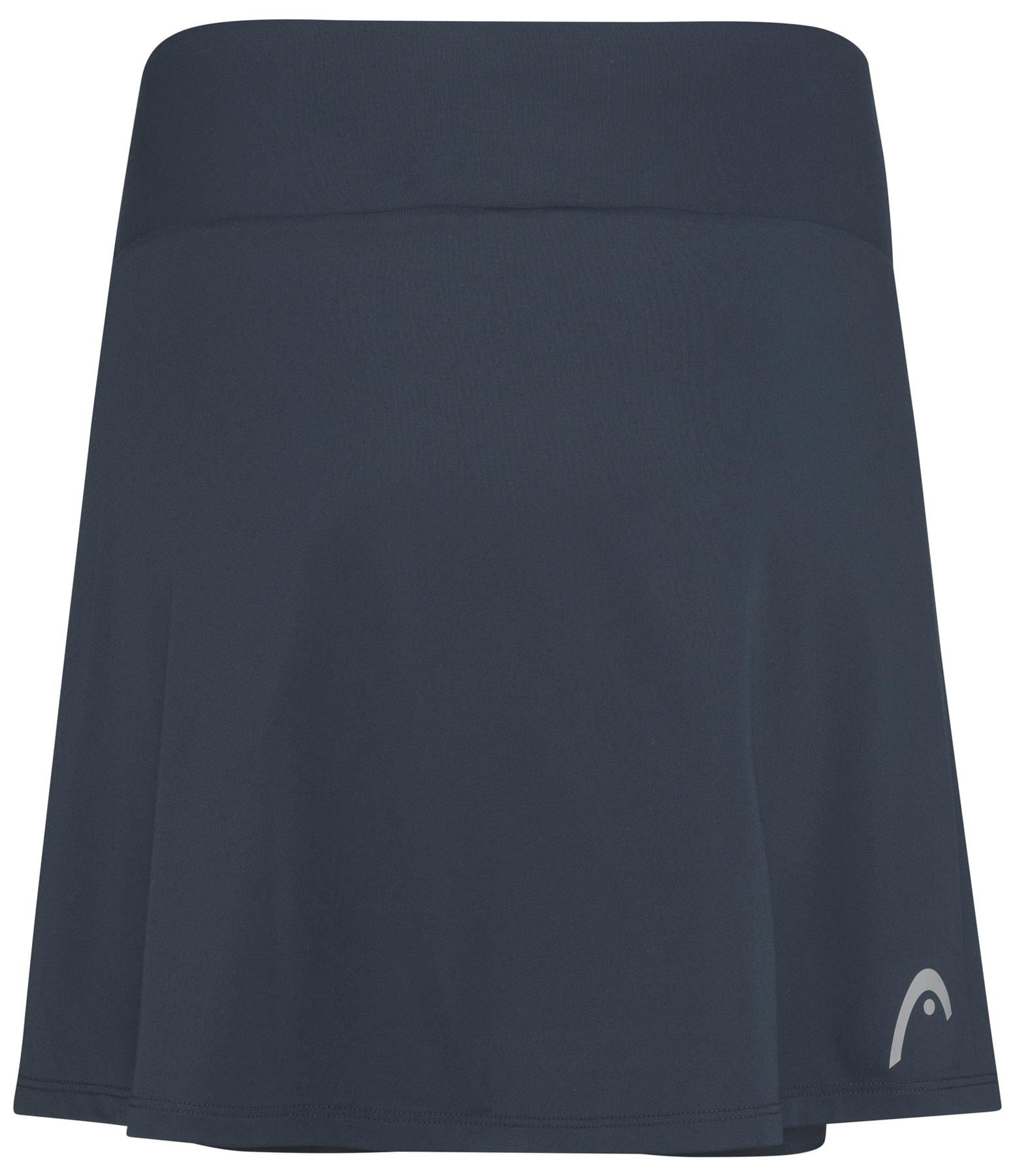 The HEAD Club Basic Women's Badminton Skort Long in navy blends comfort and style with its wide waistband and smooth, stretchy fabric. Perfect for sports like badminton, it features a logo on the lower right side and Moisture Transfer Microfibre for optimal performance.