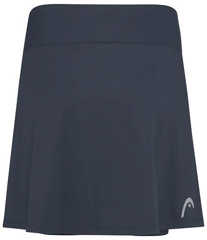 The HEAD Club Basic Women's Badminton Skort Long in navy blends comfort and style with its wide waistband and smooth, stretchy fabric. Perfect for sports like badminton, it features a logo on the lower right side and Moisture Transfer Microfibre for optimal performance.