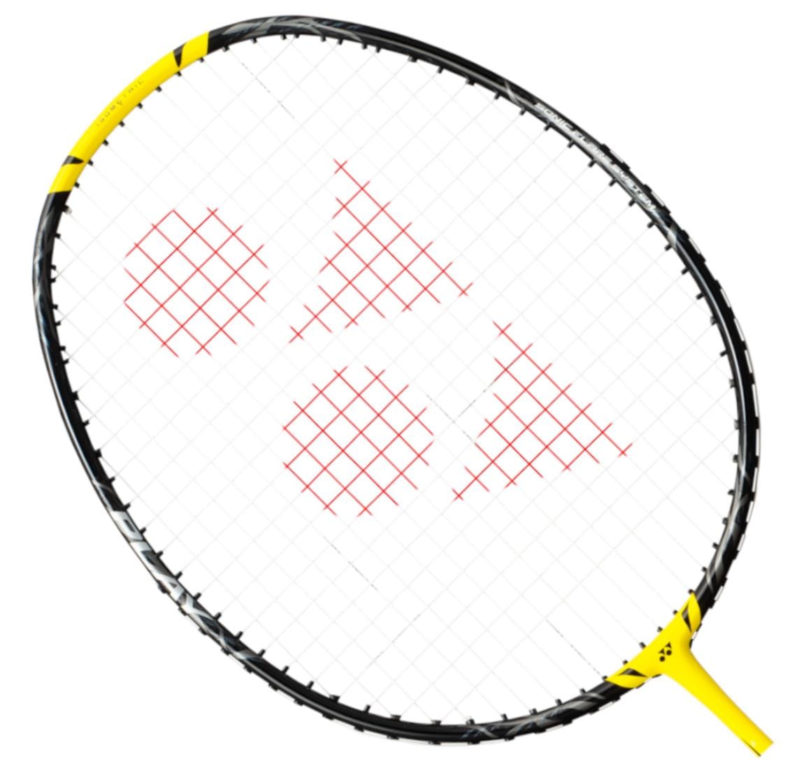 The Yonex Nanoflare 1000 Play 4U badminton racket in Lightning Yellow, displaying an Aero Frame and a red triangle pattern on the strings, is presented against a white background.