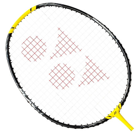 The Yonex Nanoflare 1000 Play 4U badminton racket in Lightning Yellow, displaying an Aero Frame and a red triangle pattern on the strings, is presented against a white background.