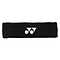 The Yonex AC259 Headband in black, featuring a white logo in the center with two circles and an inverted triangle, is a sweat-absorbing accessory that ensures comfort for any sports enthusiast.