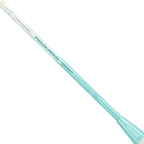 Close-up of a green Victor Thruster Ryuga Sport R 3U badminton racket handle and shaft, showing the brand "Victor"; this model suits beginner to intermediate players.