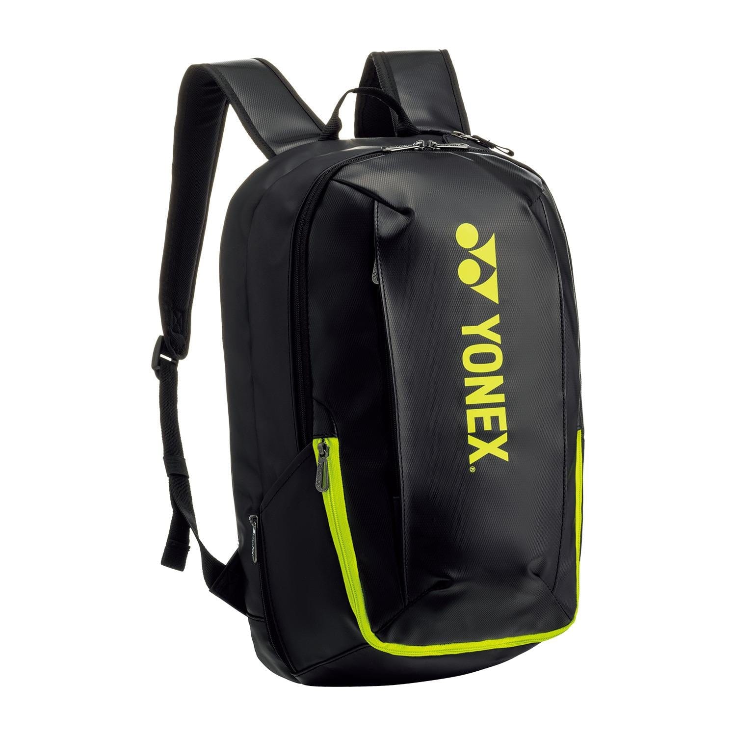 The Yonex 82412EX Active Badminton Backpack in black with lime accents features adjustable padded shoulder straps, a front zipper closure, and a prominent brand logo. It also includes a separate shoe compartment for convenience.
