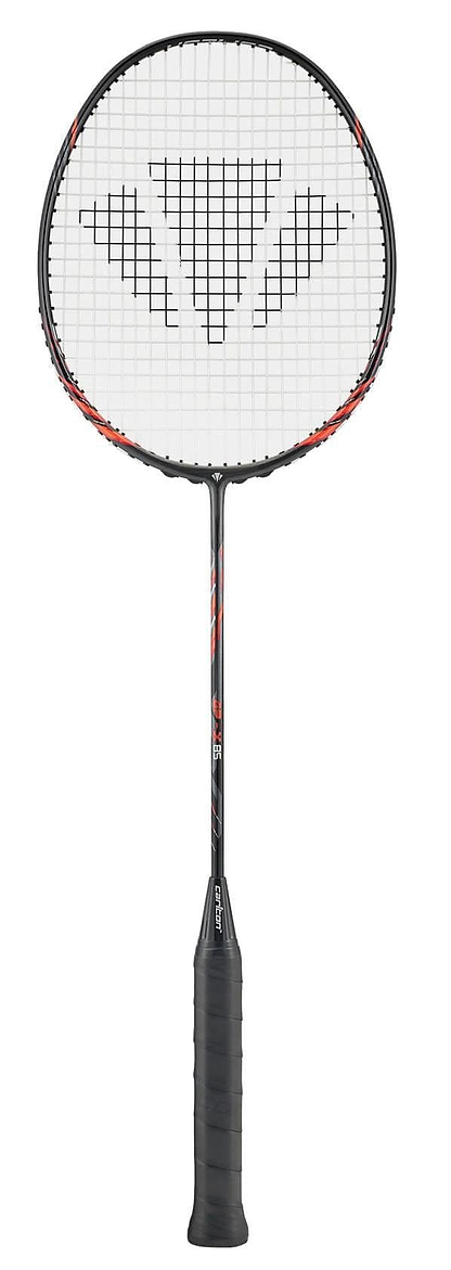The Carlton GP-X 85 3U Badminton Racket by Carlton features Japanese High Modulus Graphite construction, a black grip, and a bold black/red triangular string pattern, making it ideal for advanced players.