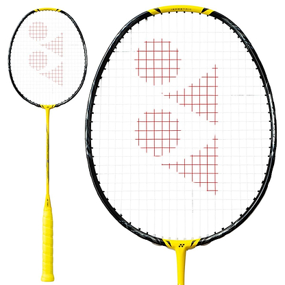 Introducing the Yonex Nanoflare 1000 Z 4U Badminton Racket in Lightning Yellow: this racket features a striking yellow and black design with a patterned string face and red geometric accents. Its handle is wrapped in yellow tape, providing agile maneuverability for achieving the fastest smashes on the court.