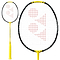 Introducing the Yonex Nanoflare 1000 Z 4U Badminton Racket in Lightning Yellow: this racket features a striking yellow and black design with a patterned string face and red geometric accents. Its handle is wrapped in yellow tape, providing agile maneuverability for achieving the fastest smashes on the court.