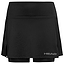 The HEAD Women's Club Basic Badminton Skort in black features an athletic design with built-in shorts, a side slit, and a wide waistband. It displays the "HEAD" logo near the hem and is crafted from moisture-transfer microfibre for optimal comfort and performance.