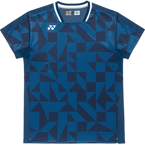 The Yonex 10712YX Crew Neck Men’s Badminton T-Shirt in Indigo Blue features short sleeves, a geometric pattern in dark blue shades, a white logo on the left chest, and a round crew neck with white trim.