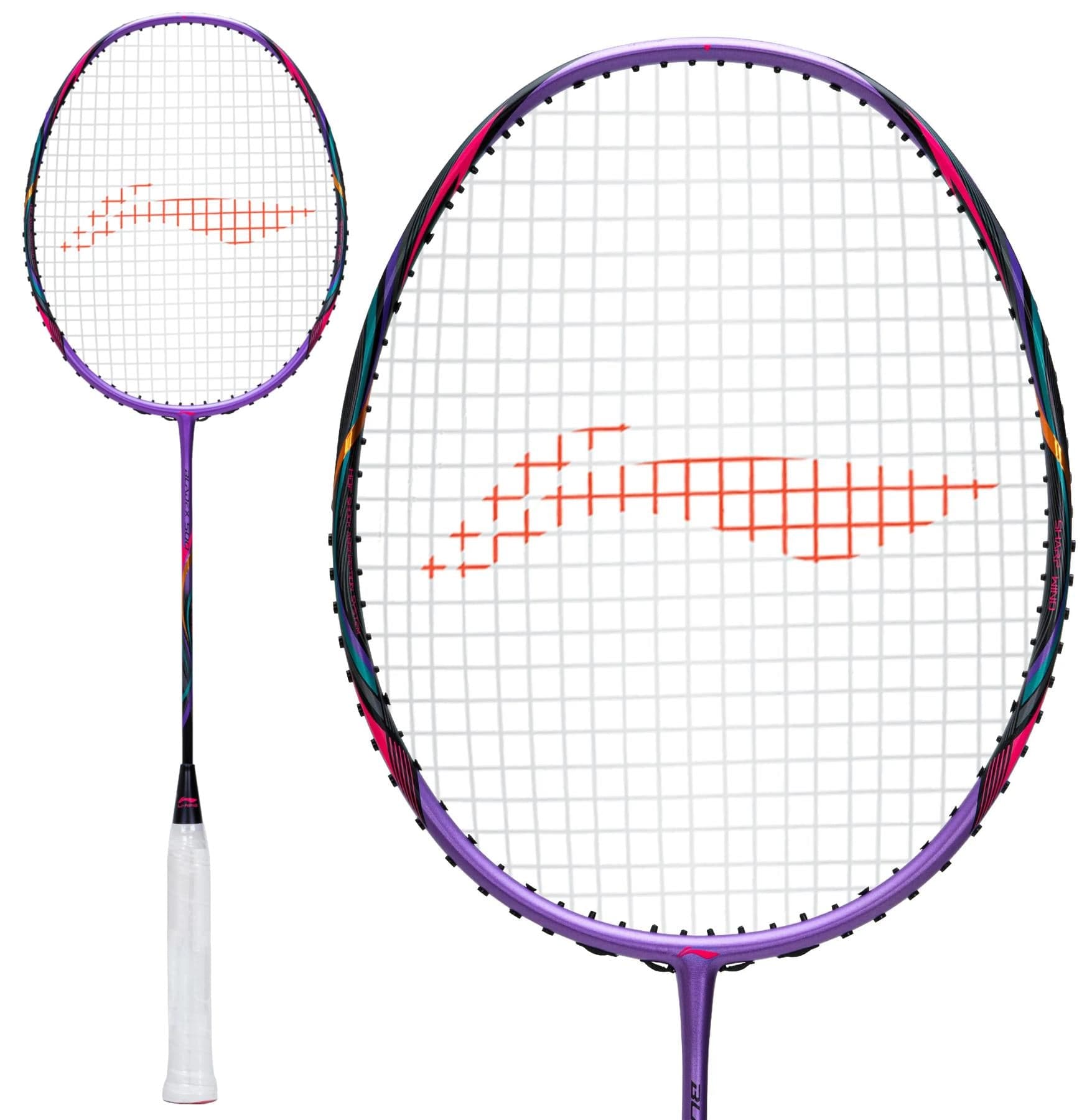 The Li-Ning BladeX 500 3U Badminton Racket - Zircon features TB Nano Technology, a purple frame, a white grip, and an orange string pattern; shown in both full view and a close-up of the racket head.
