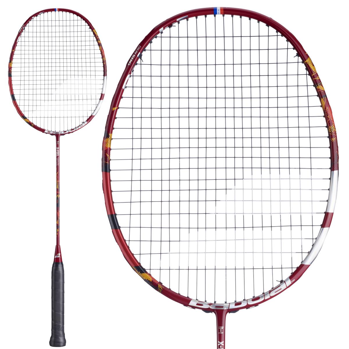The Babolat X-Feel Spark 2026 3U Badminton Racket, in striking red with a black grip and white accents, features a stringed oval head and slim shaft, showcasing impressive power—brand: Babolat.
