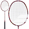 The Babolat X-Feel Spark 2026 3U Badminton Racket, in striking red with a black grip and white accents, features a stringed oval head and slim shaft, showcasing impressive power—brand: Babolat.