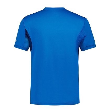 The Le Coq Sportif Pro Men's Badminton T-Shirt in Lapis Blue is shown from the back, featuring breathable side mesh panels and a small white logo on the left sleeve.