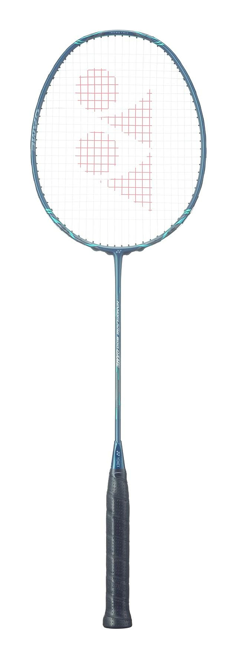 The Yonex Nanoflare 800 Game 4U Badminton Racket in Deep Green, designed for intermediate players, features a black grip, teal shaft, oval head, white strings with a red logo, and is shown on a white background.