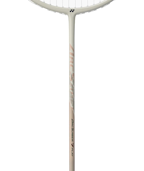 Close-up of the Yonex Arcsaber 7 Play 4U Badminton Racket’s shaft and lower head, showing its ISOMETRIC frame, Yonex branding, and light beige color with silver and orange accents.