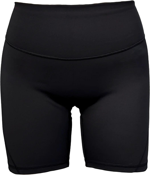 The Yonex YTS2024 Womens Core Badminton Shorts in black are high-waisted, seamless, and fitted. Made for comfort and performance, these moisture-wicking Yonex shorts are perfect for active women. Shown against a white background.